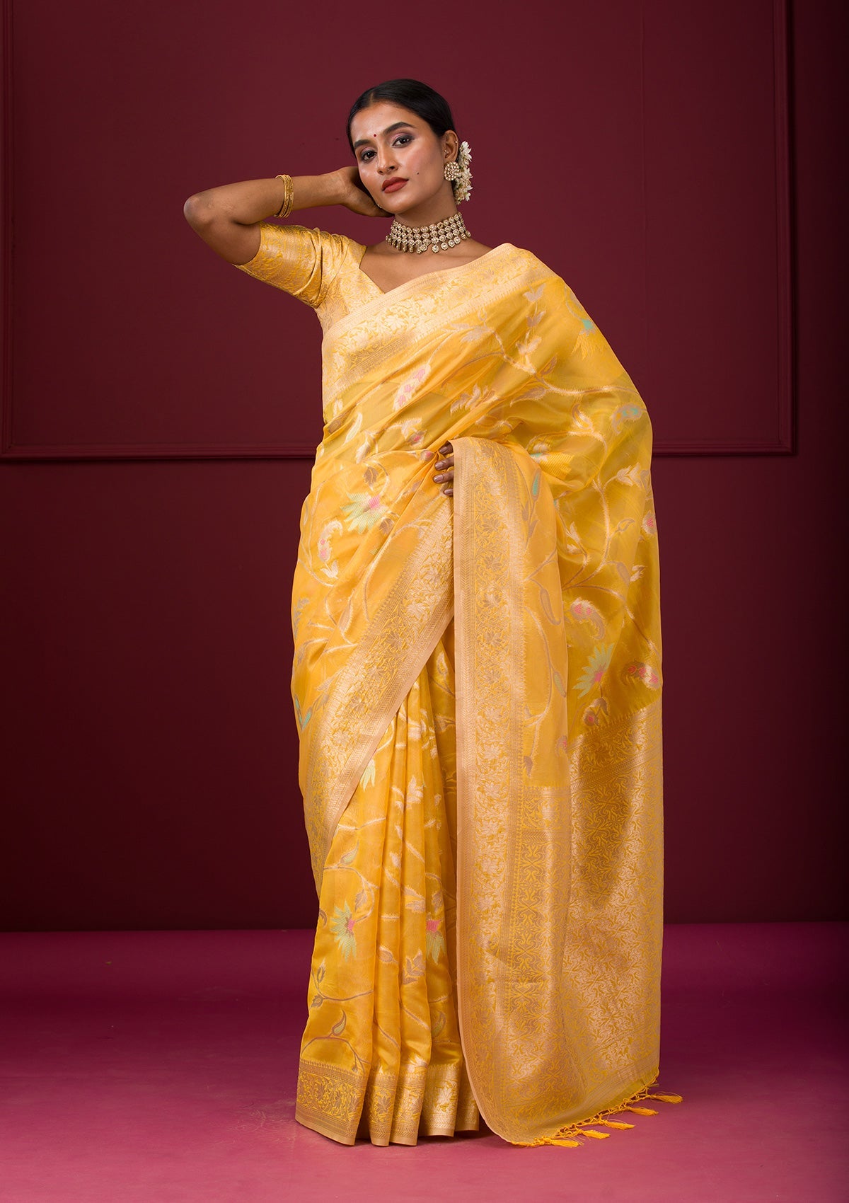 Yellow Zariwork Tissue Saree-Koskii