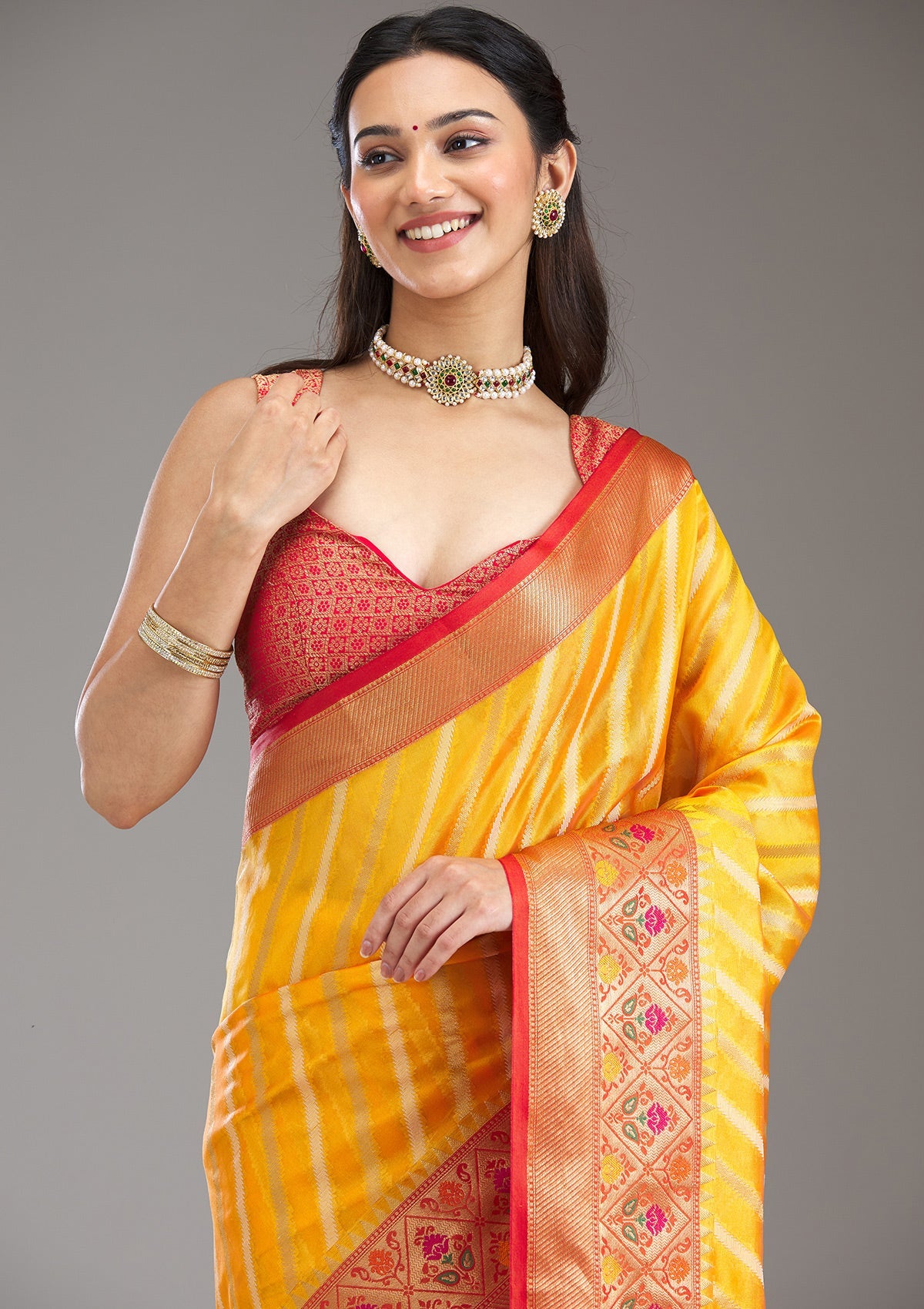 Yellow Zariwork Tissue Saree-Koskii