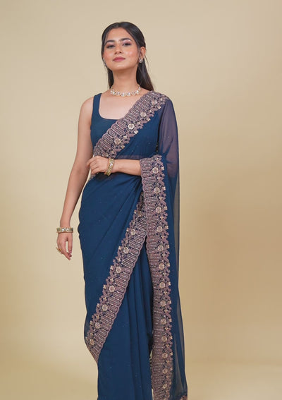 Peacock Blue Zariwork Georgette Saree