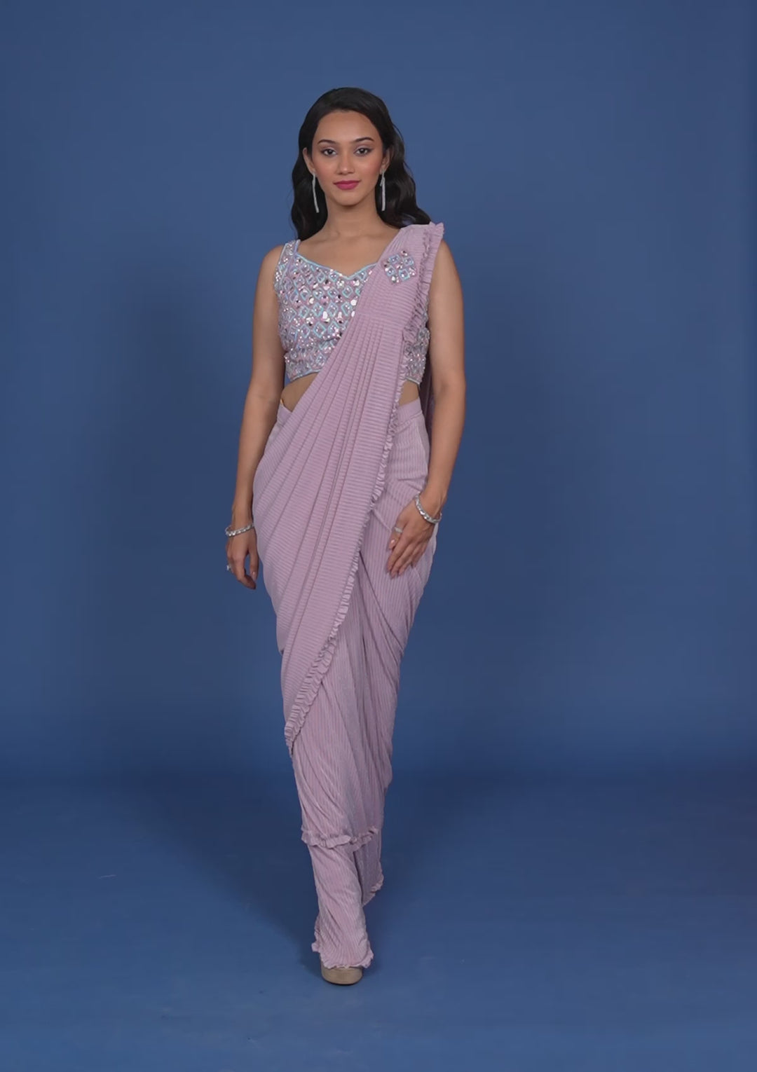 Pink Mirrorwork Lycra Readymade Saree