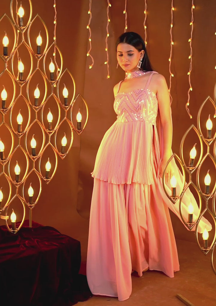 Onion Pink Sequins Georgette Readymade Sharara Kameez