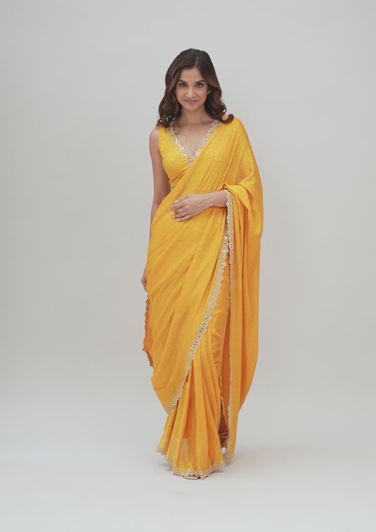 Mustard Stonework Semi Crepe Saree