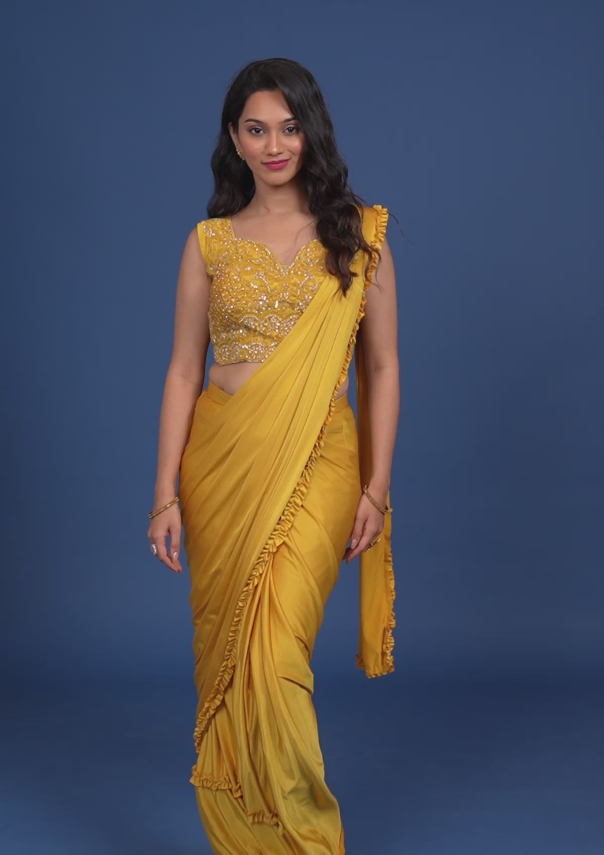 Mustard Sequins Lycra Readymade Saree