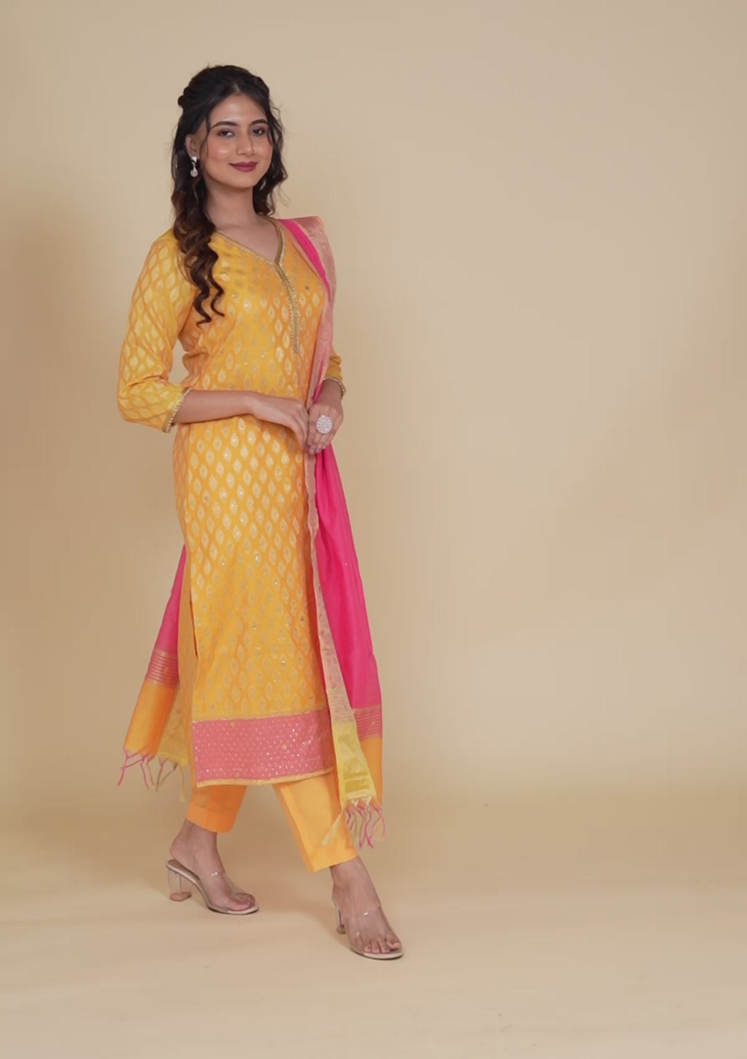 Mustard Stonework Banarasi Readymade Salwar Kameez