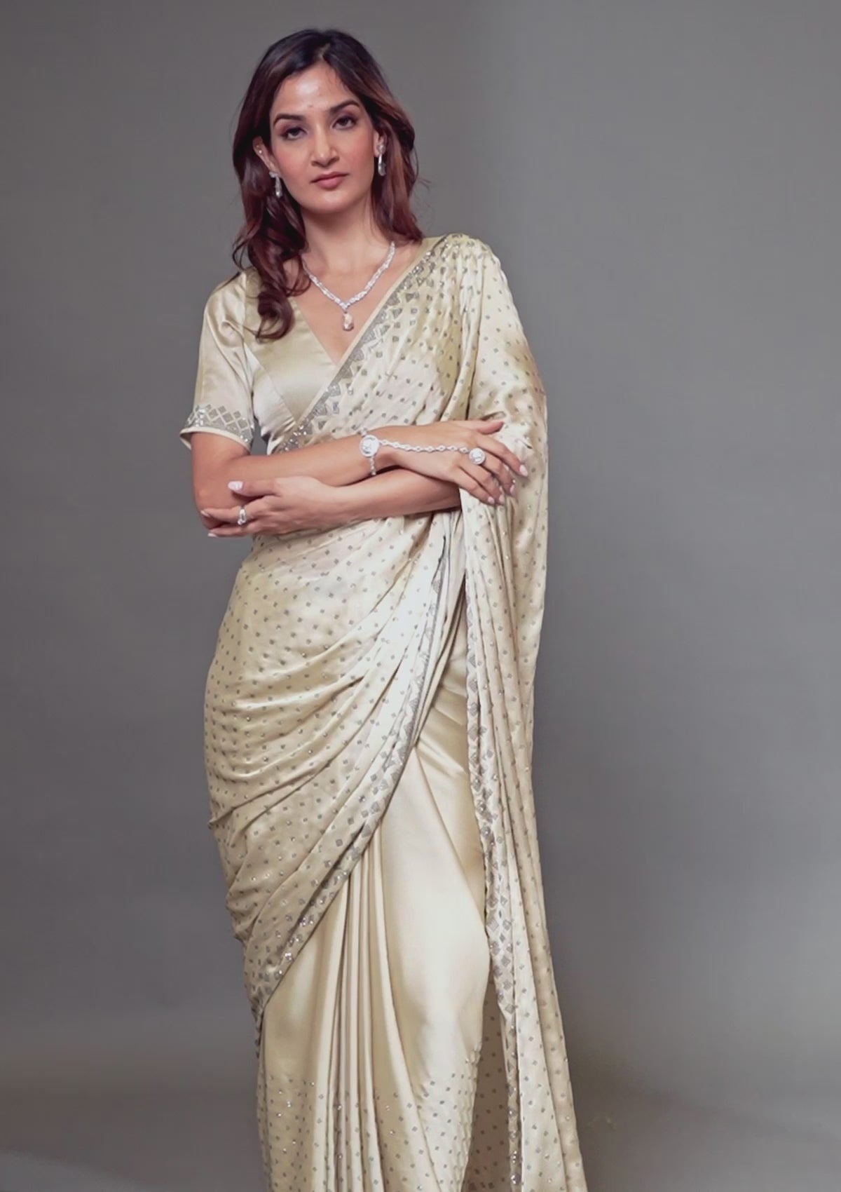 Beige Swarovski Crepe Saree