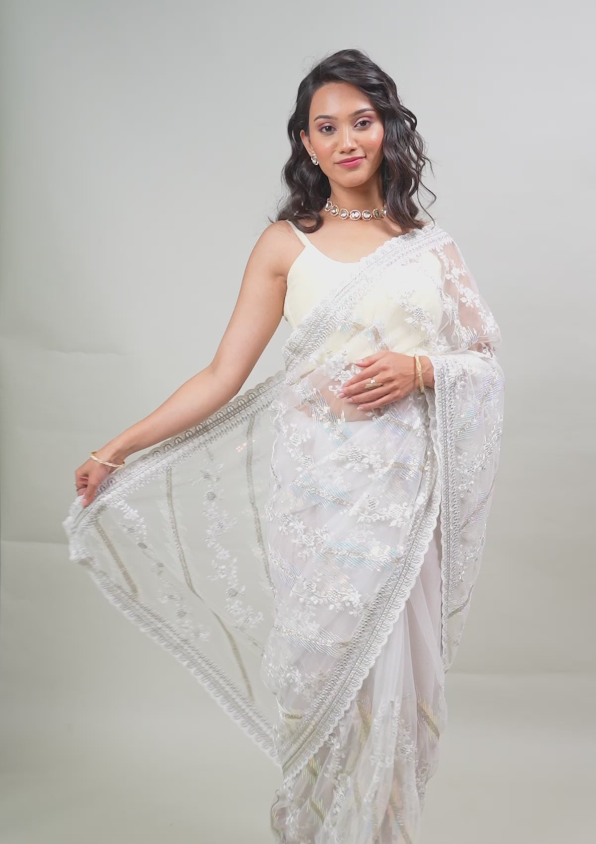 Off White Sequins Net Saree