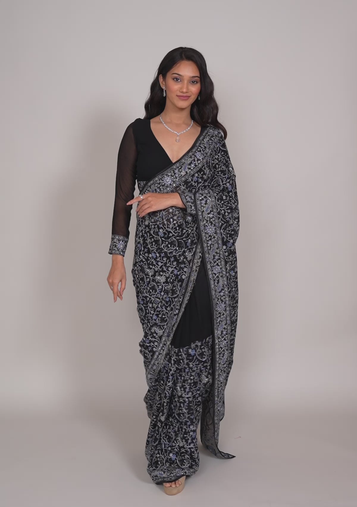 Black Threadwork Georgette Saree