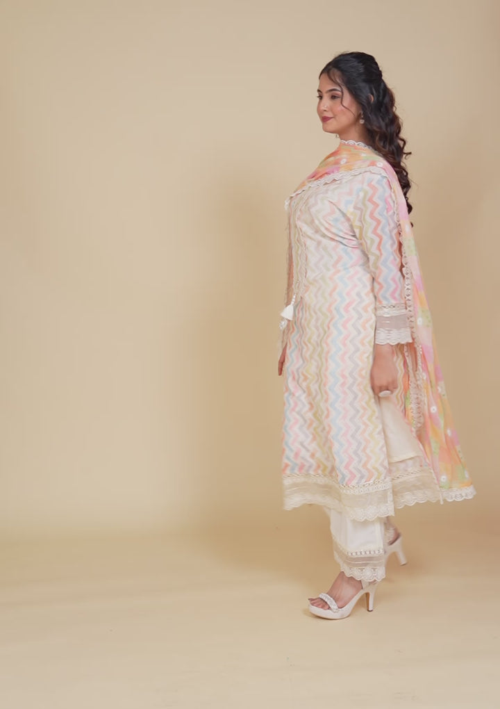 Cream Cutwork Cotton Readymade Salwar Kameez