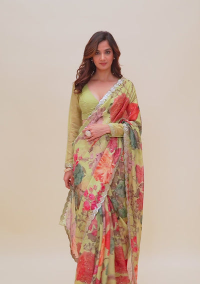 Pista Green Printed Organza Saree-Koskii