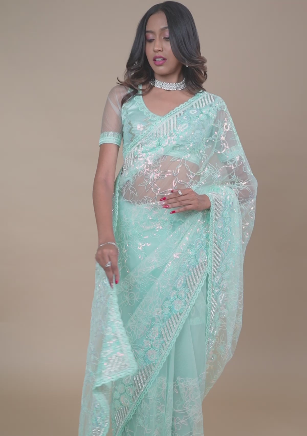 Sky Blue Sequins Net Saree