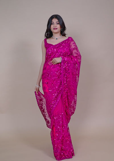 Magenta Pink Sequins Net Saree