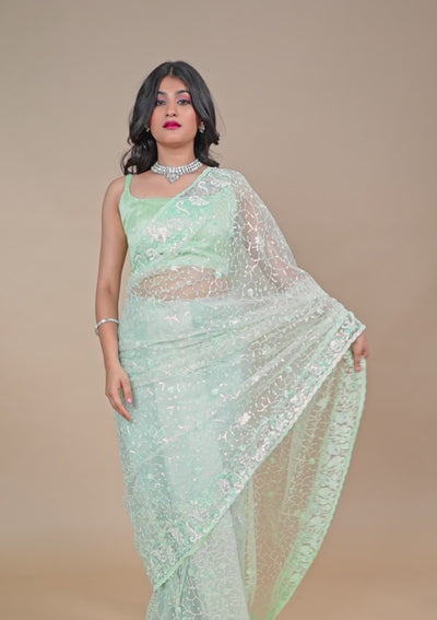 Pista Green Sequins Net Saree