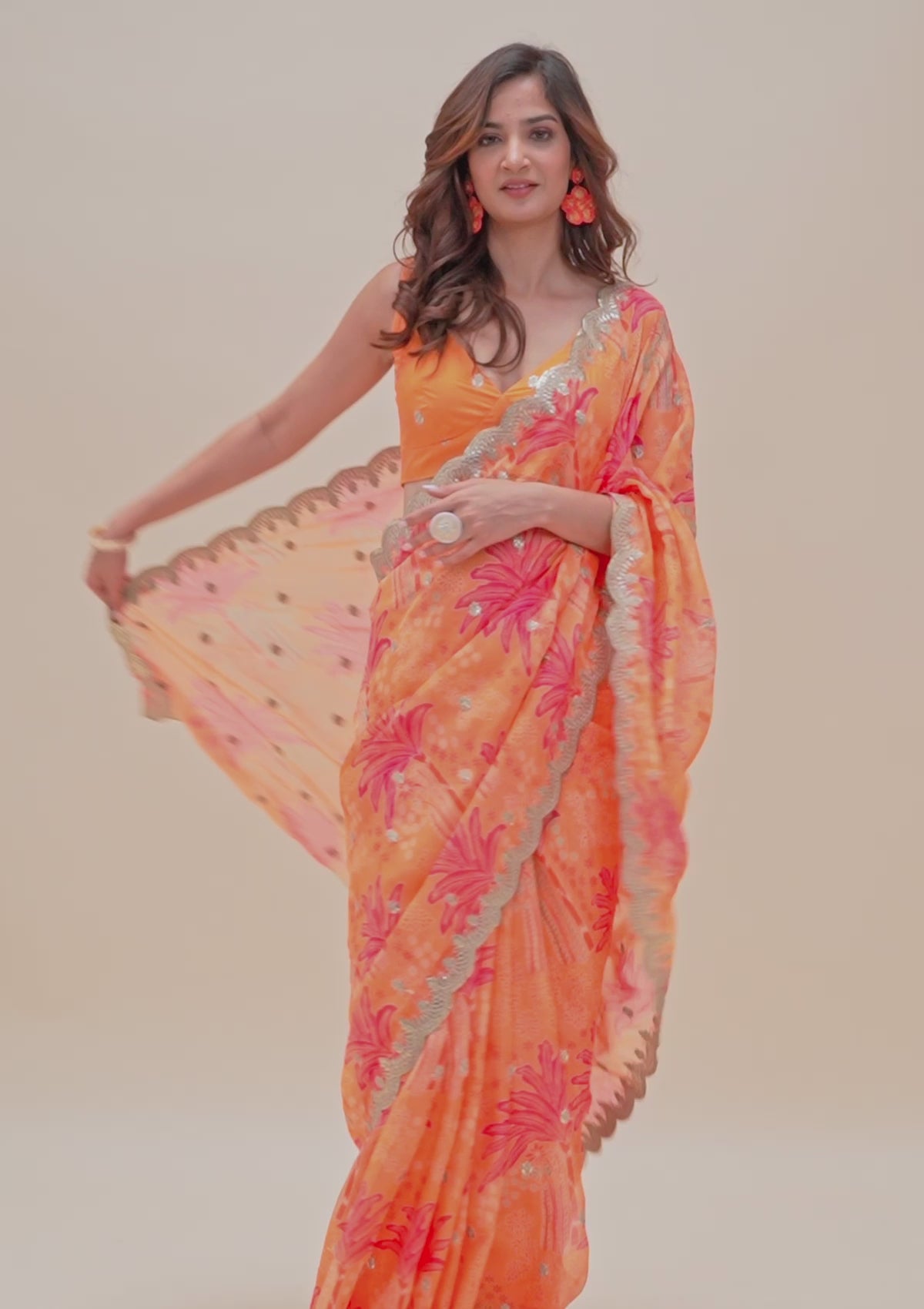 Orange Printed Organza Saree-Koskii