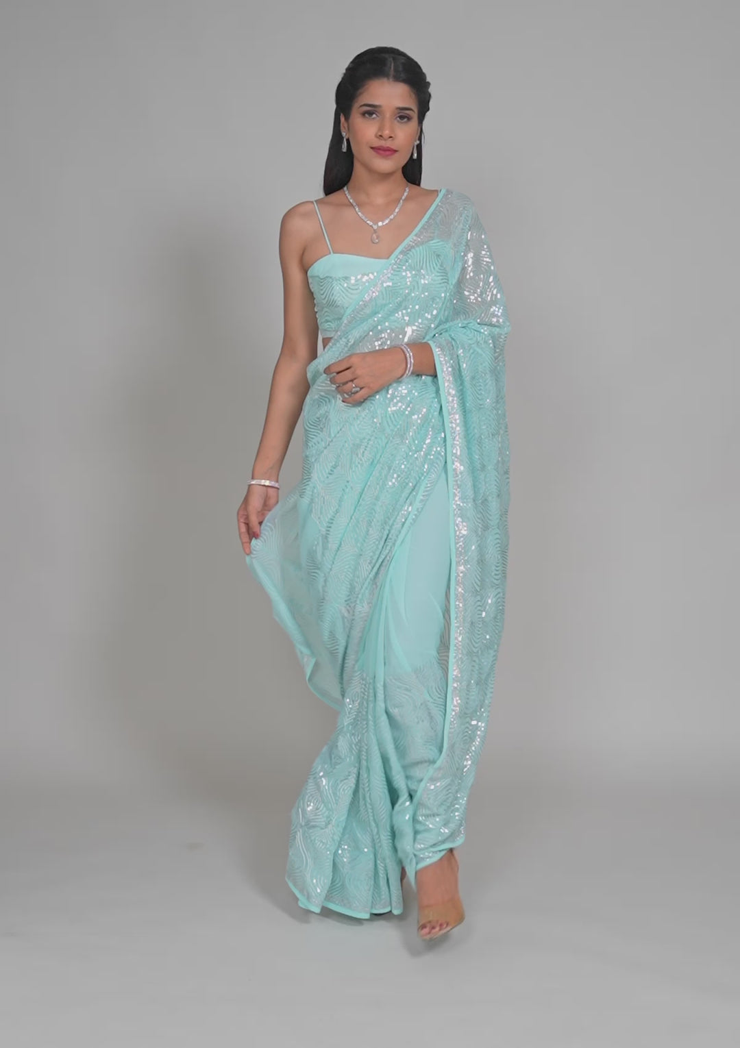Sky Blue Sequins Georgette Saree