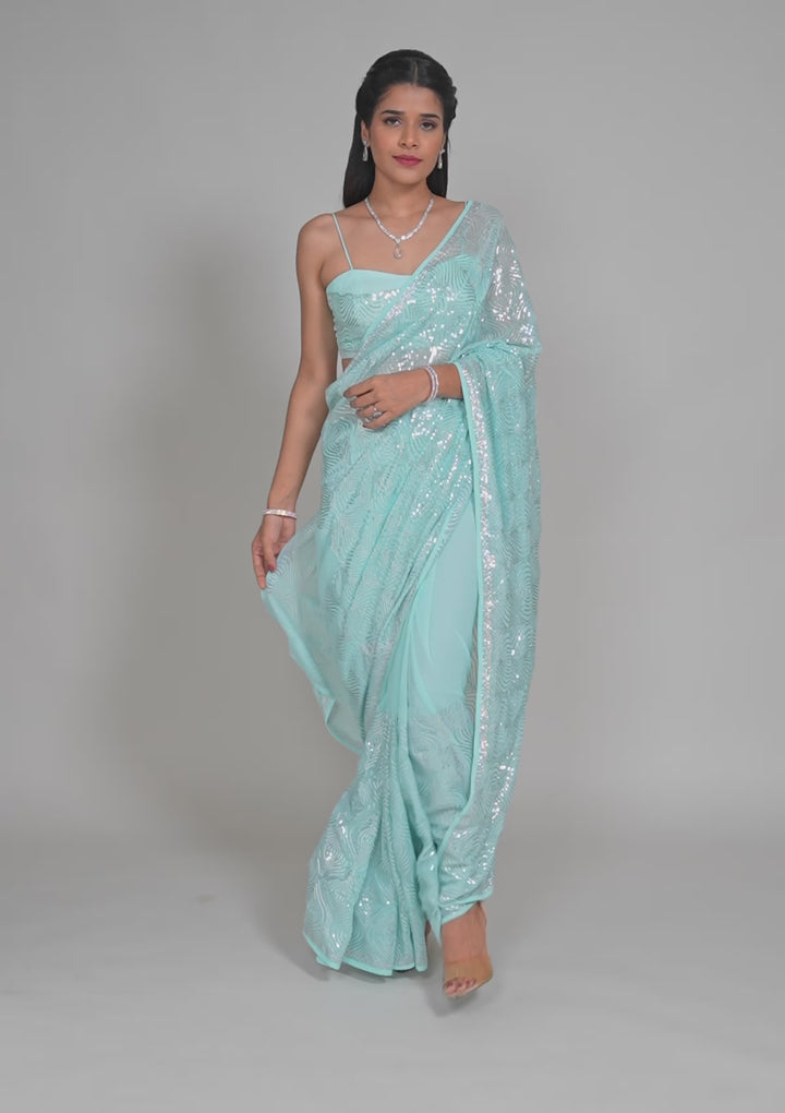 Sky Blue Sequins Georgette Saree