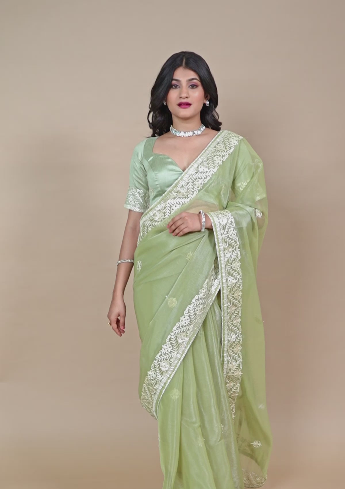 Pista Green Zariwork Semi Crepe Saree