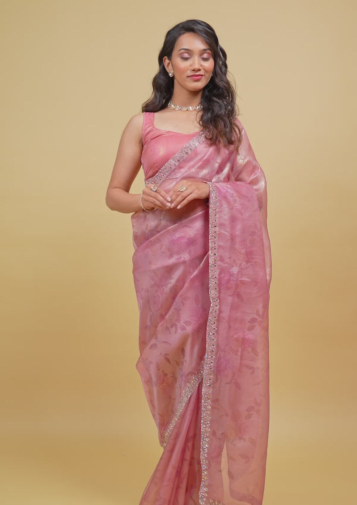 Onion Pink Stonework Tissue Saree