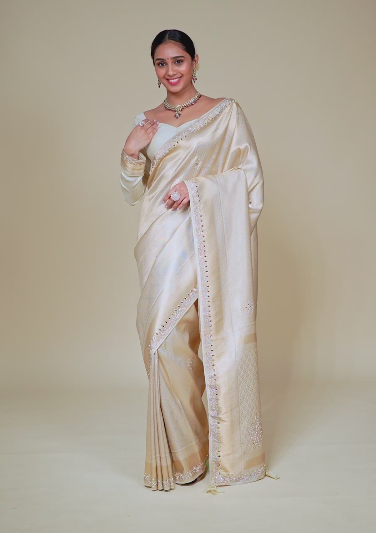 Beige Mirrorwork Silk Saree