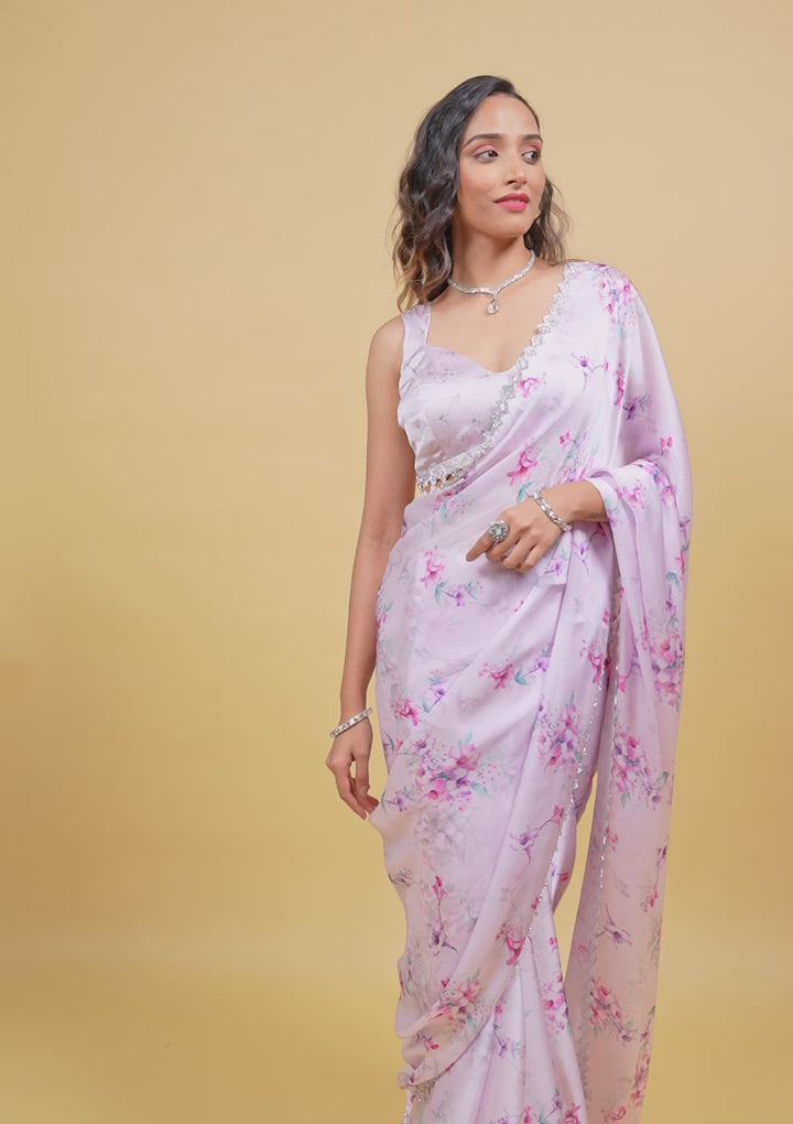 Lavender Print Satin Saree