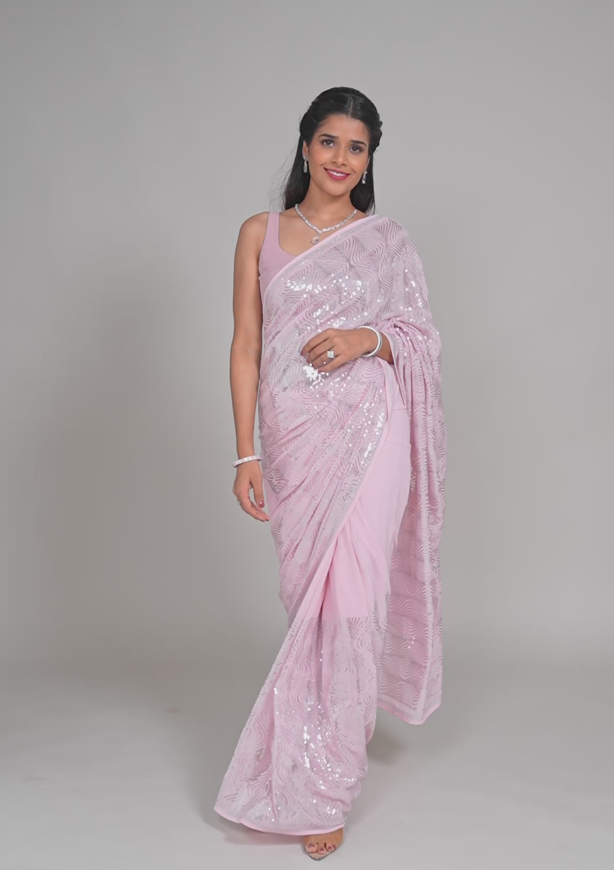 Baby Pink Sequins Georgette Saree