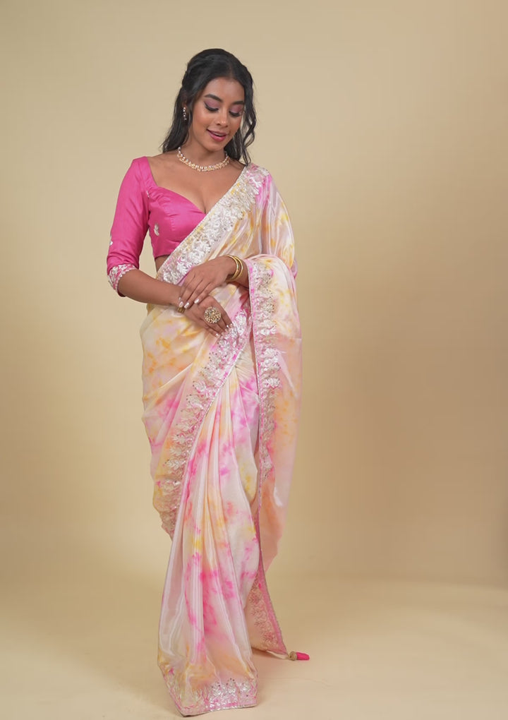 Pink Gotapatti Semi Crepe Saree