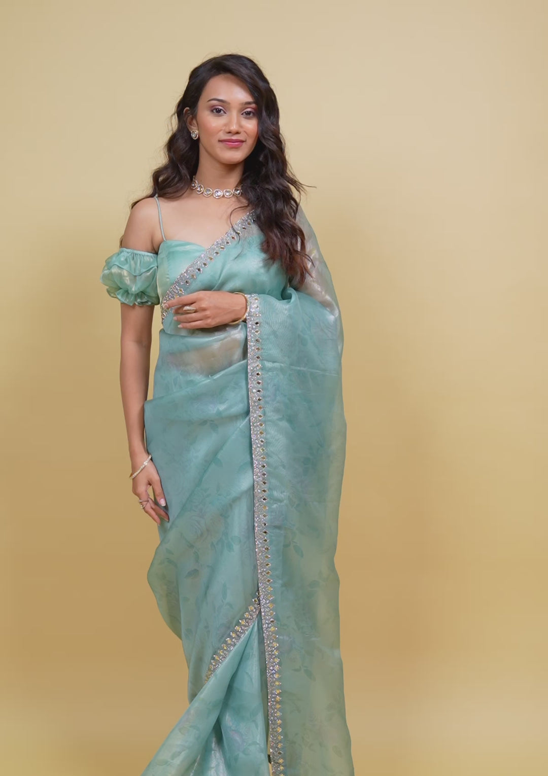 Sea Green Stonework Tissue Saree