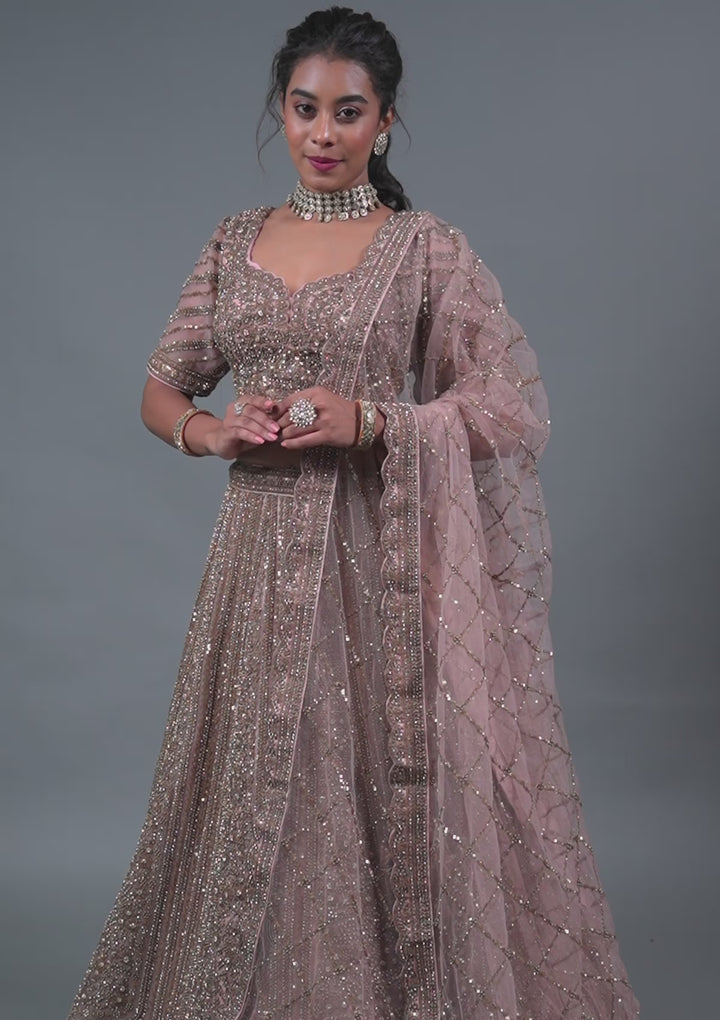 Peach Zariwork Net Readymade Lehenga