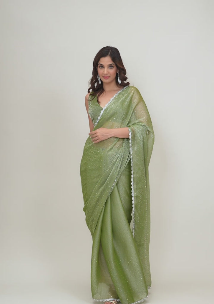 Pista Green Stonework Organza Saree