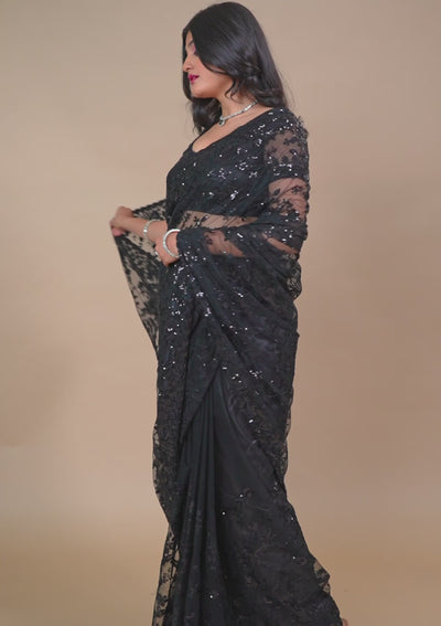 Black Sequins Net Saree