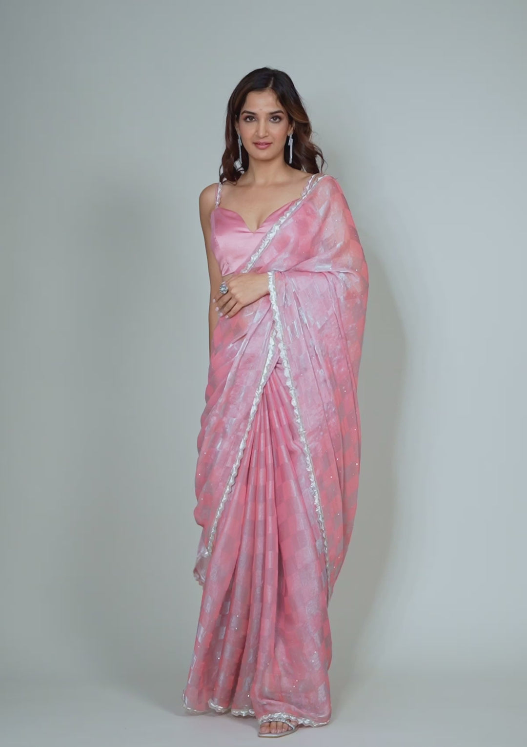 Peach Stonework Semi Crepe Saree