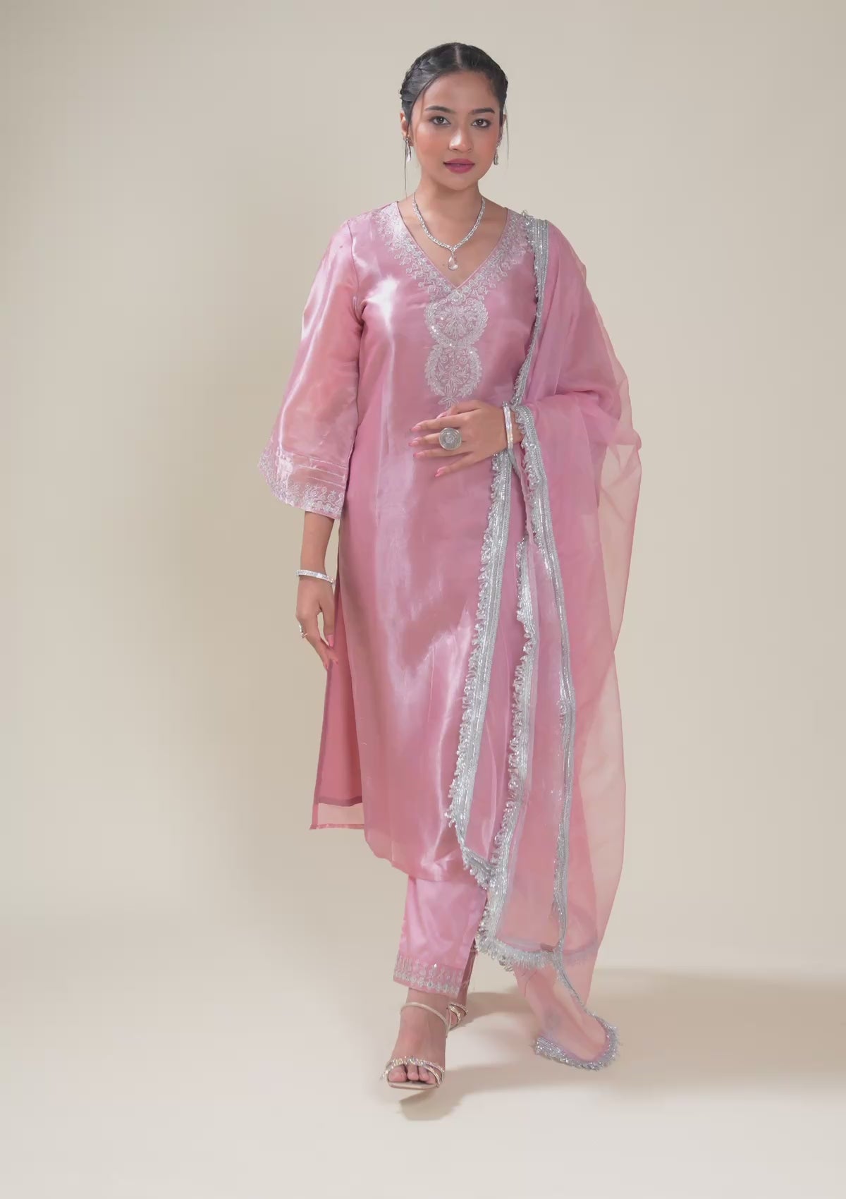 Pink Zariwork Semi Crepe Readymade Salwar Suit