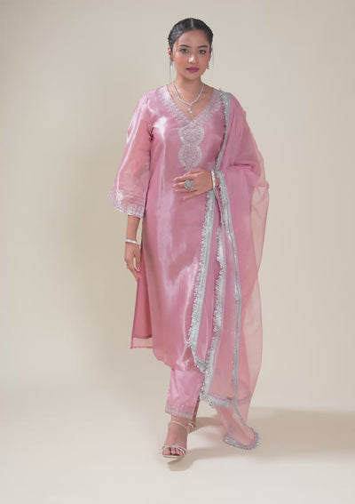 Pink Zariwork Semi Crepe Readymade Salwar Suit