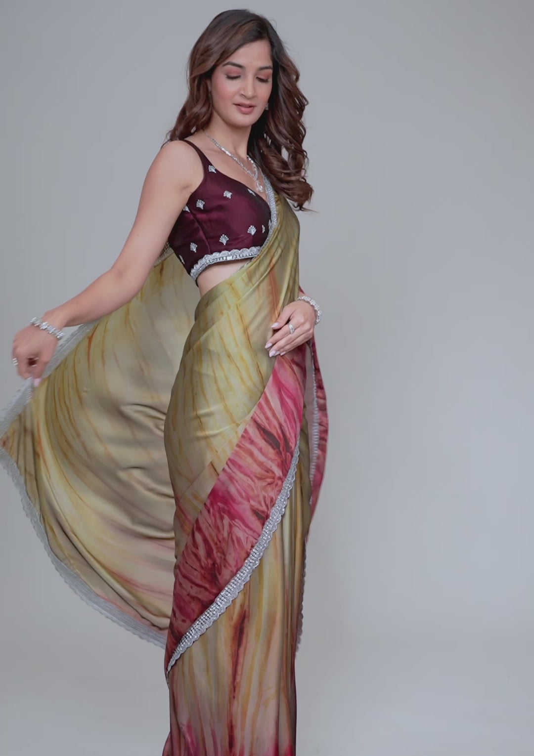 Maroon Printed Semi Crepe Saree