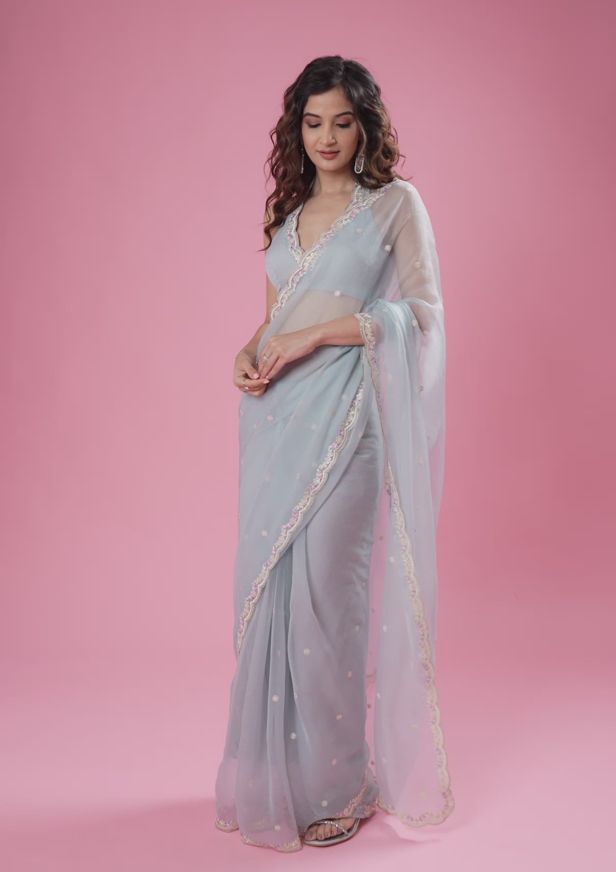 Sky Blue Threadwork Chiffon Saree