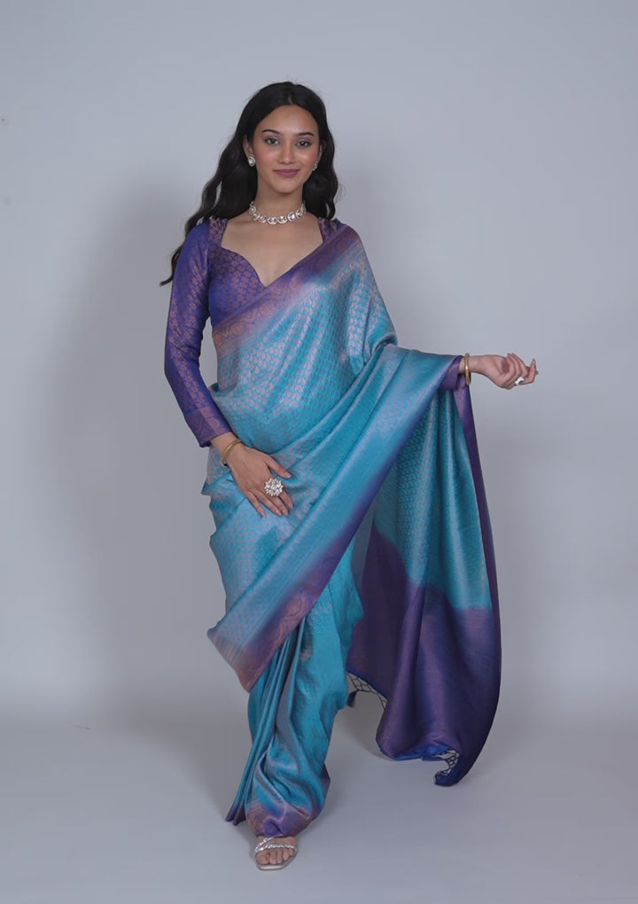 Turquoise Blue Silk Jaal Antique Zariwork Saree With Matching Blouse Piece