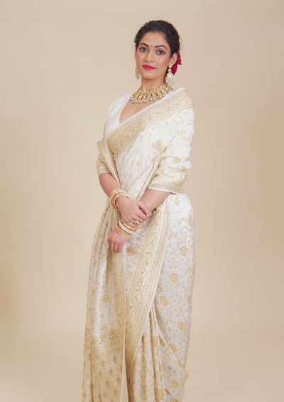 Off White Zariwork Banarasi Silk Saree