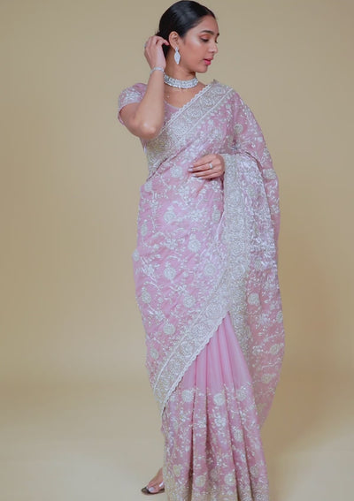 Onion Pink Zariwork Organza Saree