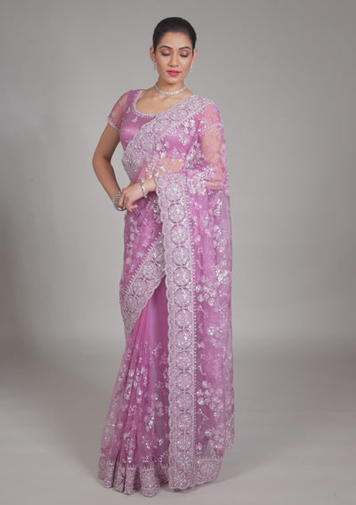 Pink Zariwork Net Saree