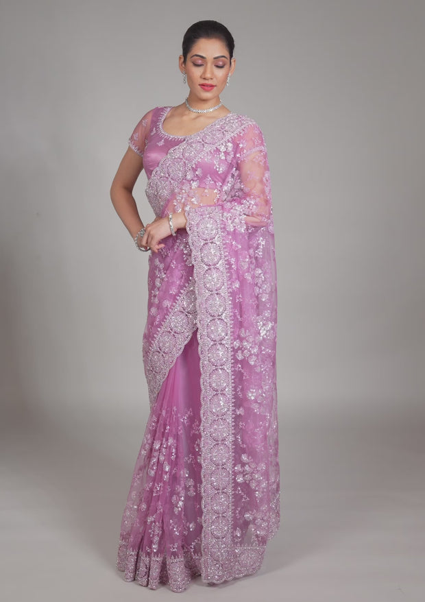 kosariii✴︎ Buy Pink Zariwork Net Saree - Koskii