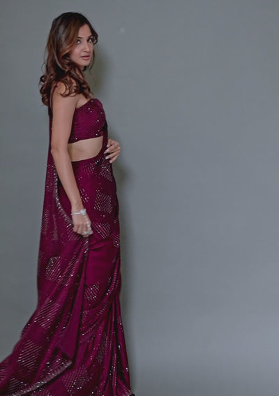 Wine Swarovski Crepe Saree