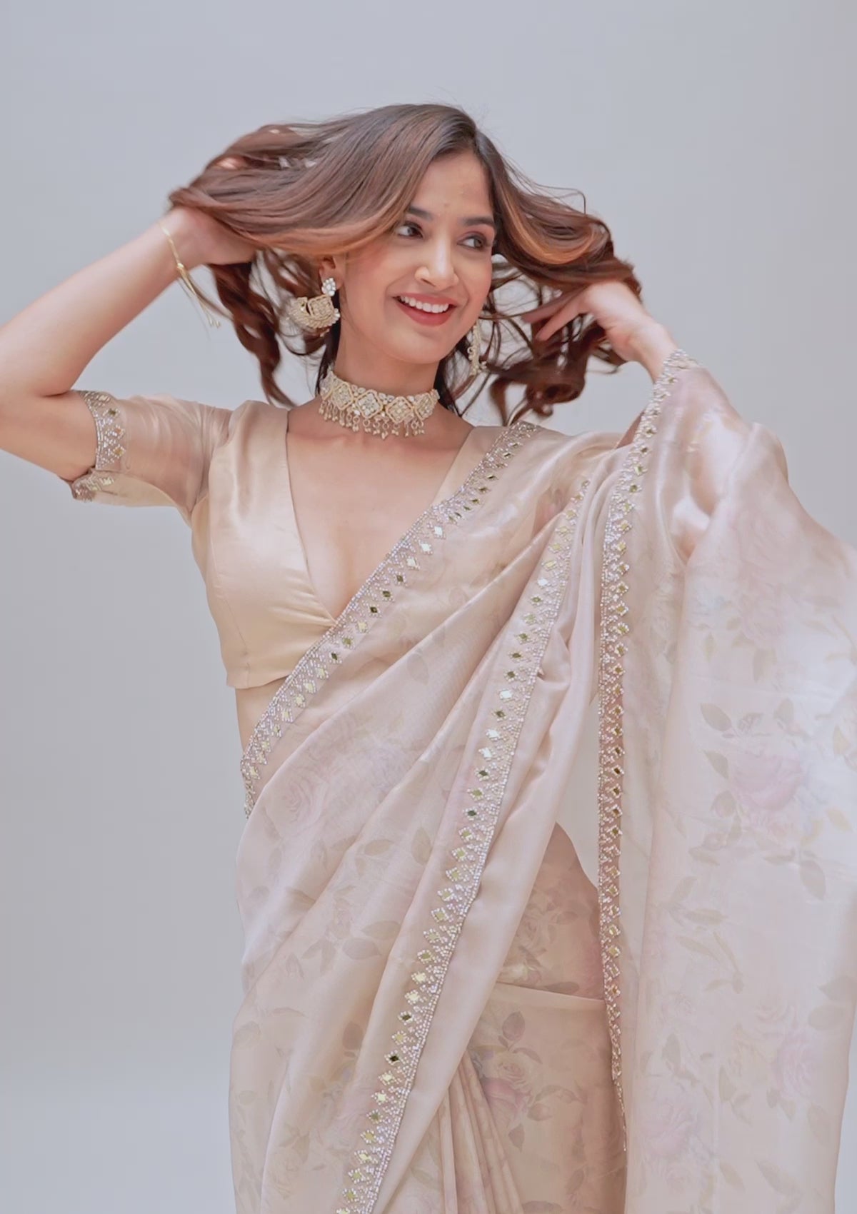 Beige Printed Tissue Saree