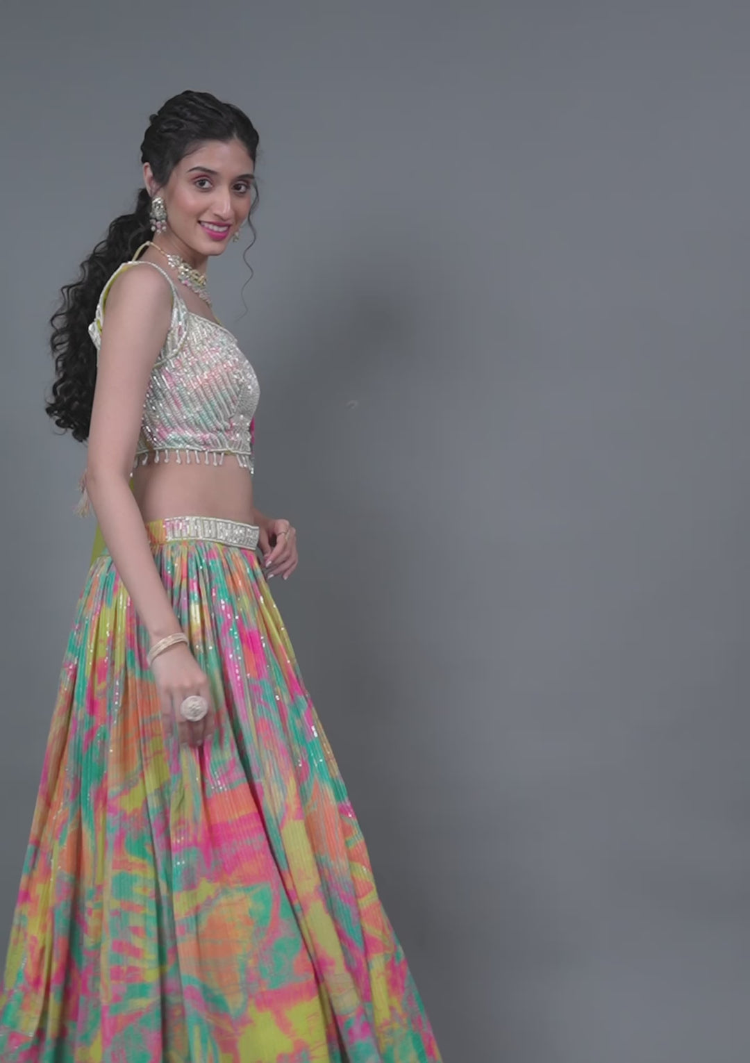 Parrot Green Print Georgette Readymade Lehenga