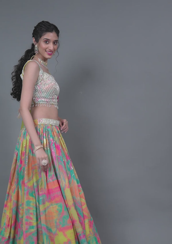 Parrot Green Print Georgette Readymade Lehenga