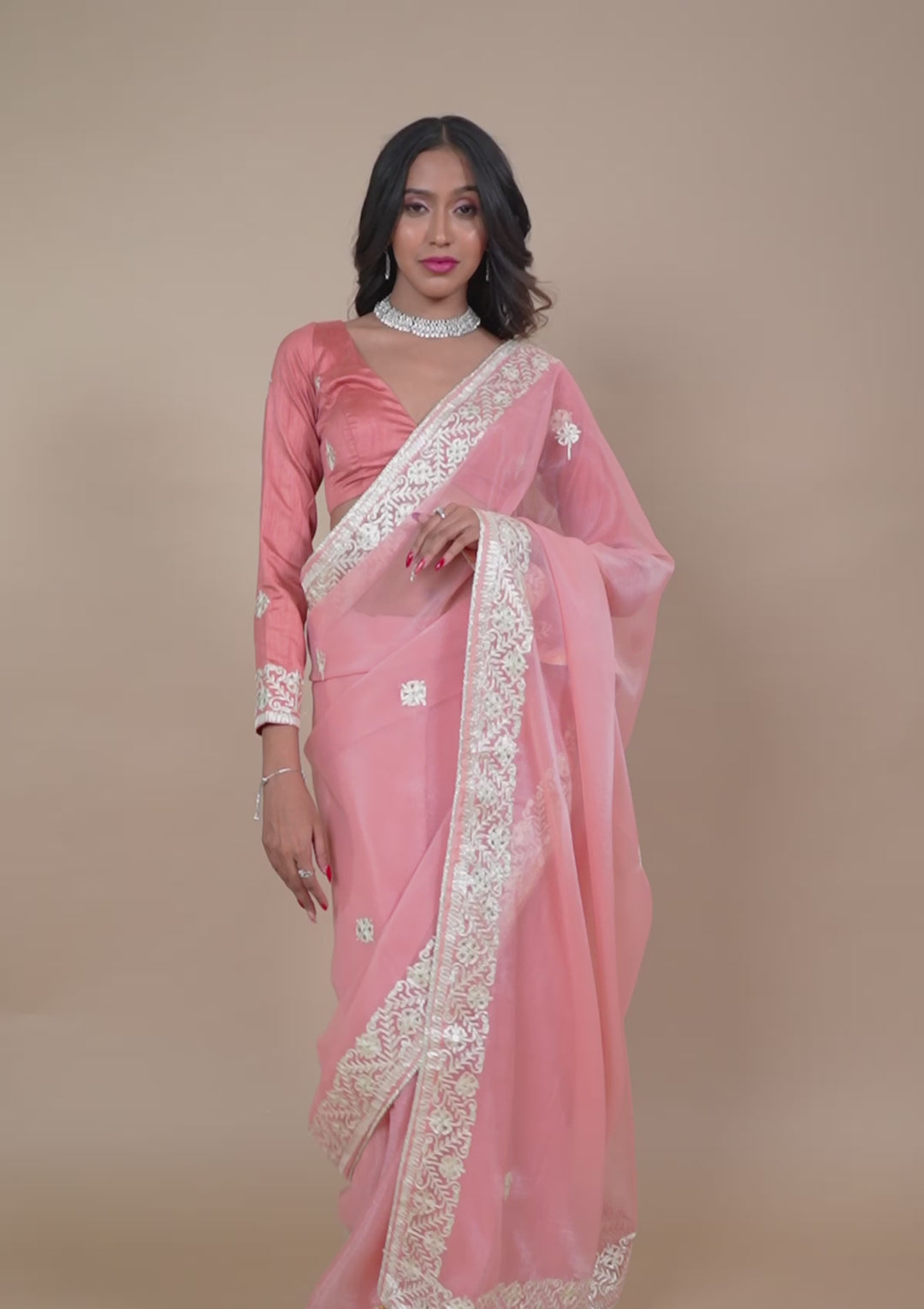 Peach Zariwork Semi Crepe Saree