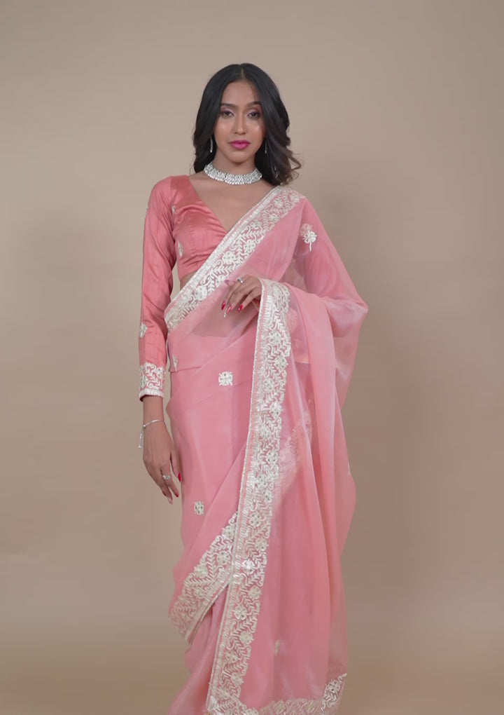 Peach Zariwork Semi Crepe Saree