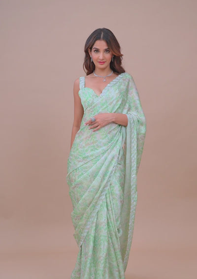 Sea Green Printed Satin Saree