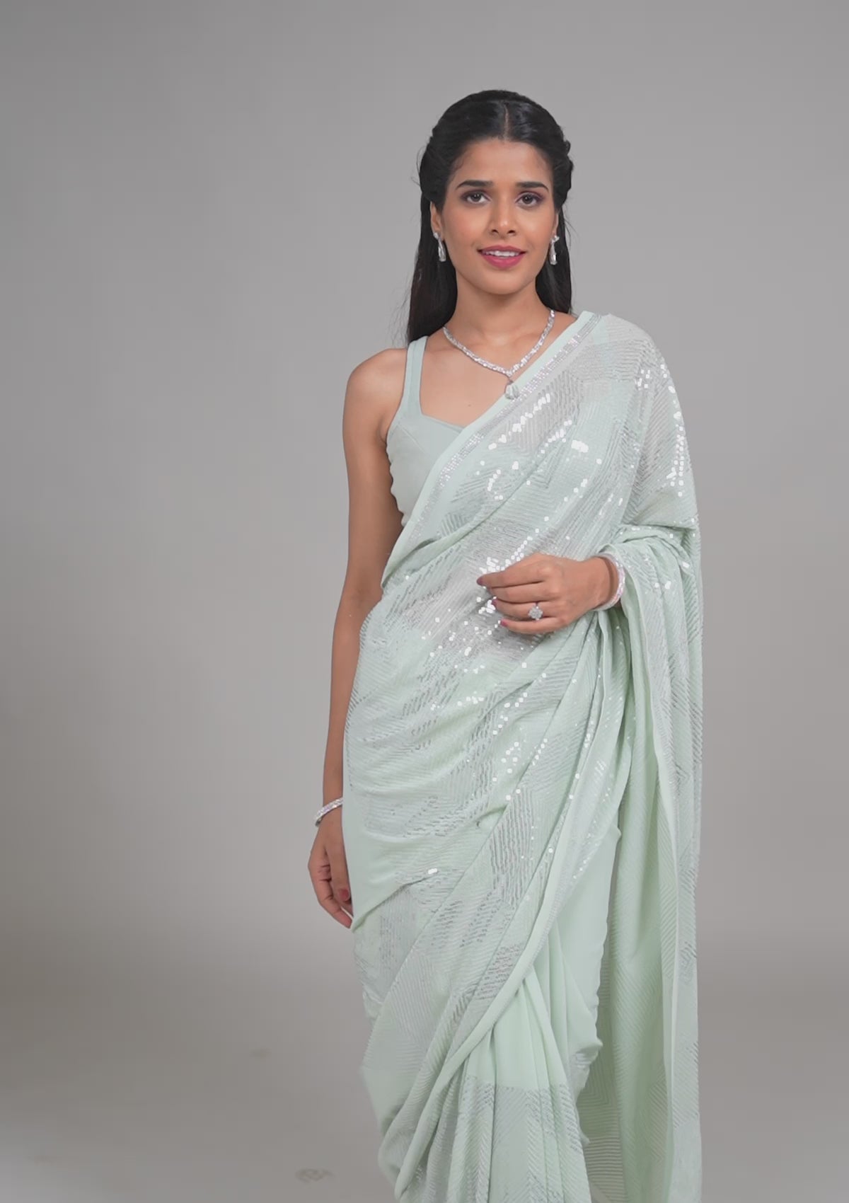 Pista Green Sequins Georgette Saree