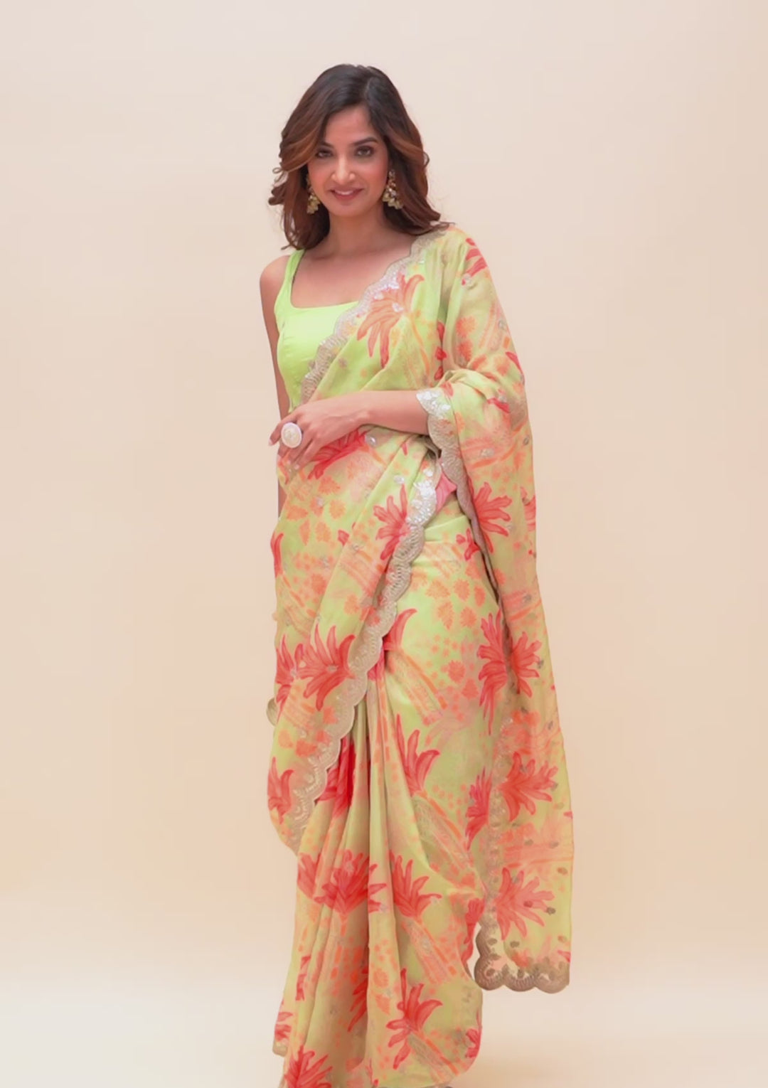 Pista Green Printed Organza Saree-Koskii