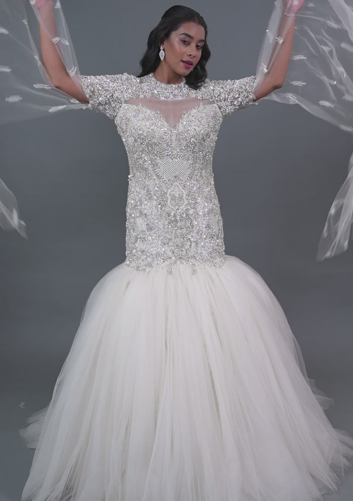 Off White Stonework Net Gown