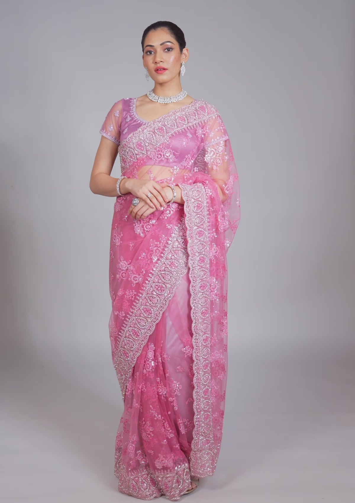 Onion Pink Silver Stonework Net Saree